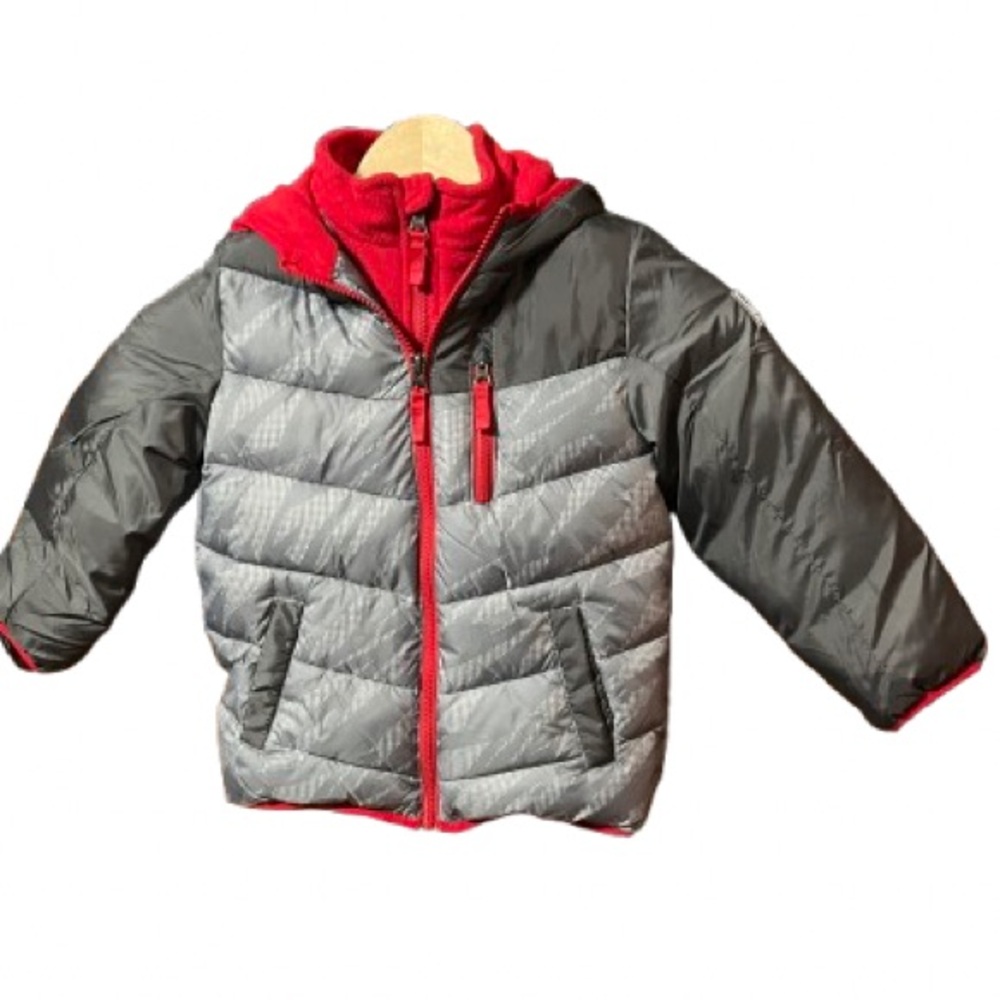 NWT Snozu Insulated Double Zipper Hooded Gray and Red Puffer Jacket Size 5